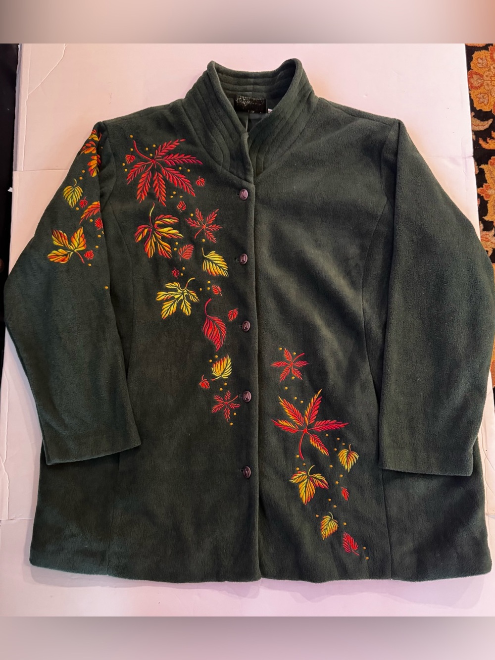 Bob Mackie Dark Green Fall Leaves Embroidered Fleece Button-Up Sweater Jacket 2X - Picture 14 of 14
